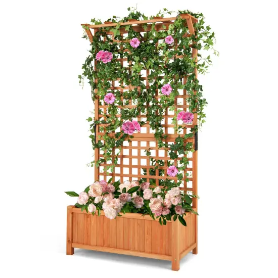 Natural Fir Wood Raised Garden Bed with Hanging Roof, Trellis and Planter Box {4}