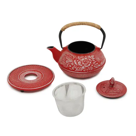 Cast Iron Teapot with Infuser - Japanese Tea Kettle, Loose Leaf Tetsubin with Handle and Trivet (Red, 3 Pcs, holds 27 oz, 800 ml) {5}