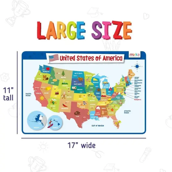 merka Placemats for Kids, 4 Pack Educational Placemat Mat for Dining Table, Non Slip, Washable Reusable, Learning US Presidents, Famous People, Periodic Table of Elements & USA Map v2 Multicolor {4}