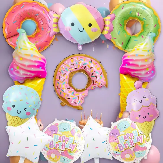 12 PCS Large Donut Candy Ice Cream Theme Balloons, Ice Cream Party Decorations, Foil Mylar Balloons for Summer, Hawaii, Birthday, Baby Shower Party Supplies {5}