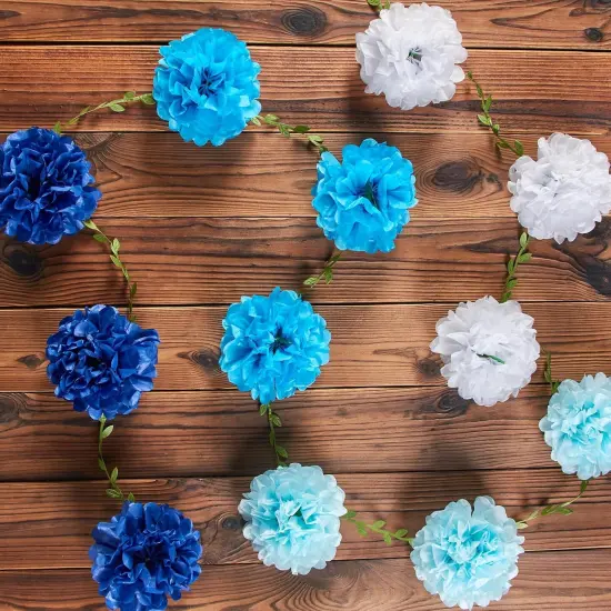 Gradient Blue Tissue Paper Pom Pom Garlands, Paper Flowers for Birthday Decorations, Baby Shower, Wedding Engagement, Bridal Shower, Spring Summer Party Decorations {3}