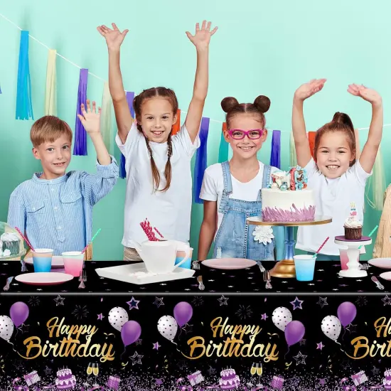 3 Pack Birthday Party Supplies Confetti Sprinkles Happy Birthday Tablecloths Starry Table Covers for Kids Adults Party Decorations, 54 x 108 Inches (Purple and Black) {5}