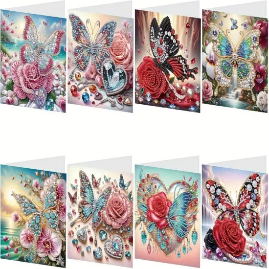 8pcs Flower Butterfly Diamond Art Painting Greeting Card, 5D DIY Special Shape Diamond Painting Christmas Birthday Mother's Day Father's Day Teacher's Day Greeting Card Creative Gifts {1}