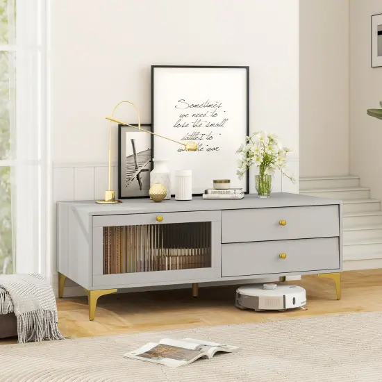 Grey MDF and Metal TV Stand with Tempered Glass, Storage Drawers and Modern Design {2}