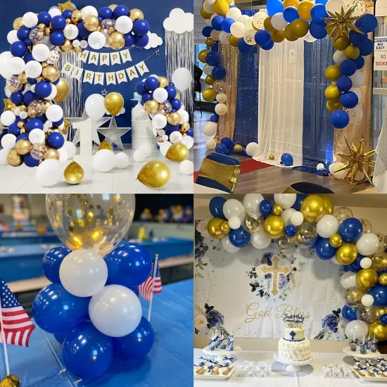 Balloons Royal Blue White Gold Balloons for Graduation Decorations Metallic Gold Confetti 12inch Dark Deep Blue White Latex Balloons Chrome Gold Balloons {3}