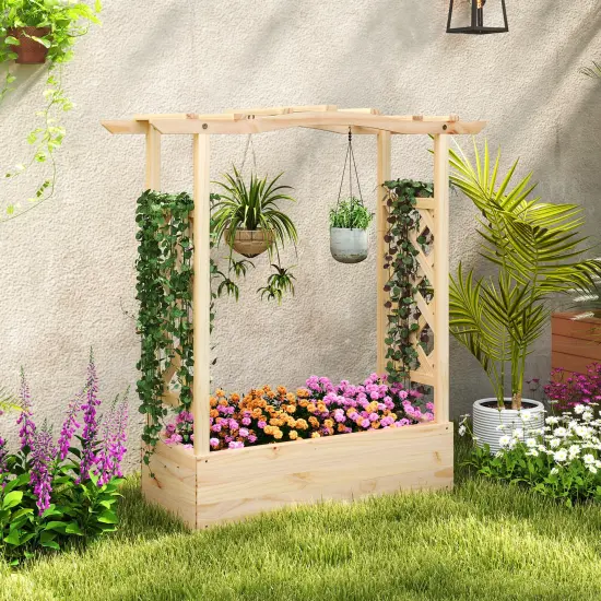 Natural Pine Wood Raised Garden Bed with Trellis and Hanging Roof 44x14x45 {2}