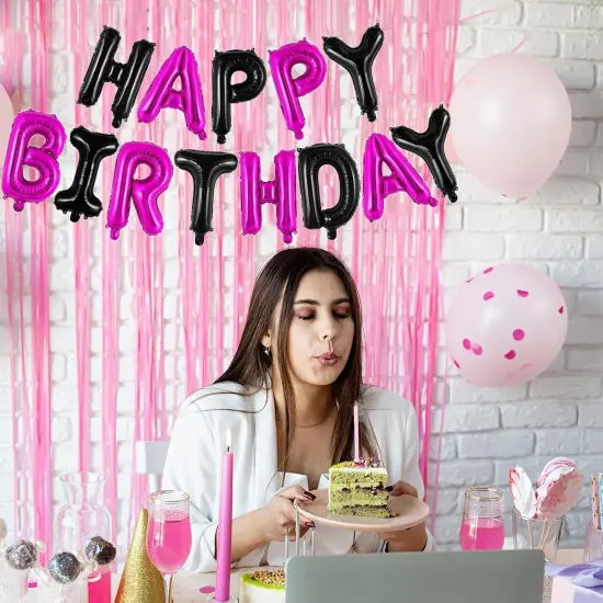 16 Inch Black & Hot Pink Happy Birthday Balloons Banner {5}