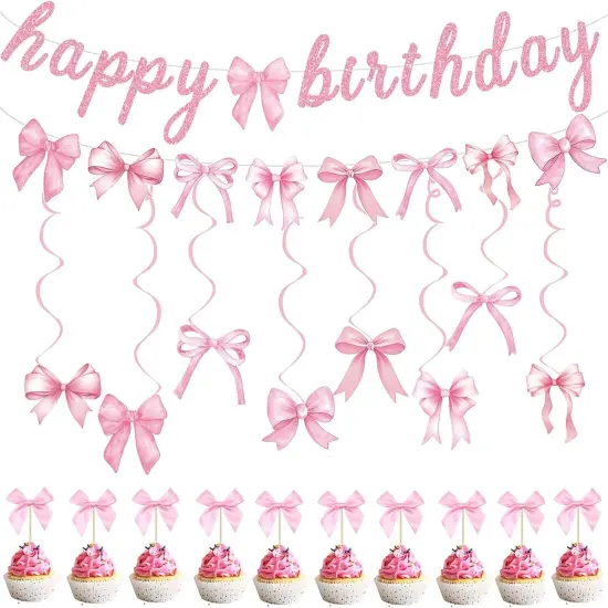 Pink Bow Banner Hanging Swirls with Bowknot Cupcake Toppers Happy Birthday Garland for Baby Shower Girls Pink Bow Room Decor Coquette Birthday Party Decorations {1}