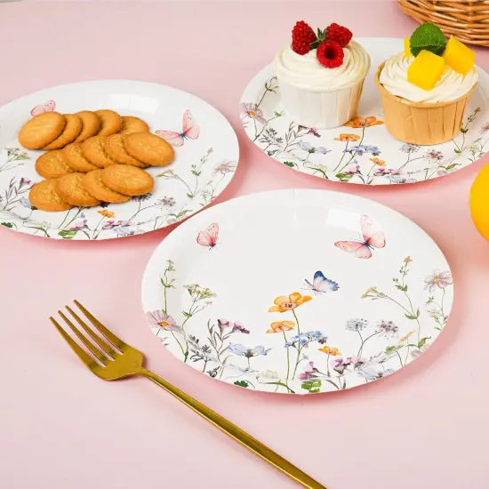 24Pcs Wildflower Paper Plates Watercolor Floral Disposable Party Dessert Plate 7" Rustic Botanical Butterflies Plates FOR SUMMER {4}