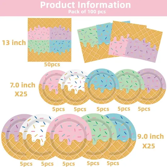 Ice Cream Party Decorations 100Pcs Ice Cream Plates and Napkins for Kids Girls Baby Shower Ice Cream Birthday Party Supplies {2}
