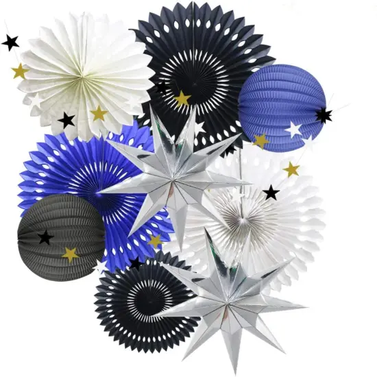 Hanging Party Decoration Supplies Set of Tissue Paper Fans Star Garland Paper Lanterns for Graduation Wedding Anniversary Birthday Backdrop Decoration (Navy Blue White Black) {1}