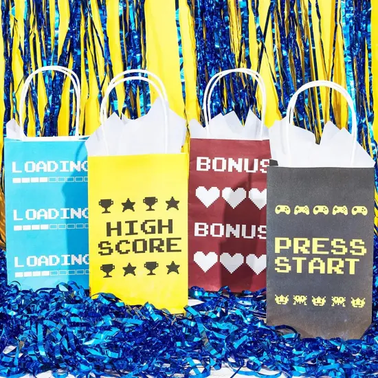 Video Game Party Favor Gift Bags for Kids Birthday (4 Assorted Designs, Kraft Paper, 24 Pack) Multicolor {3}