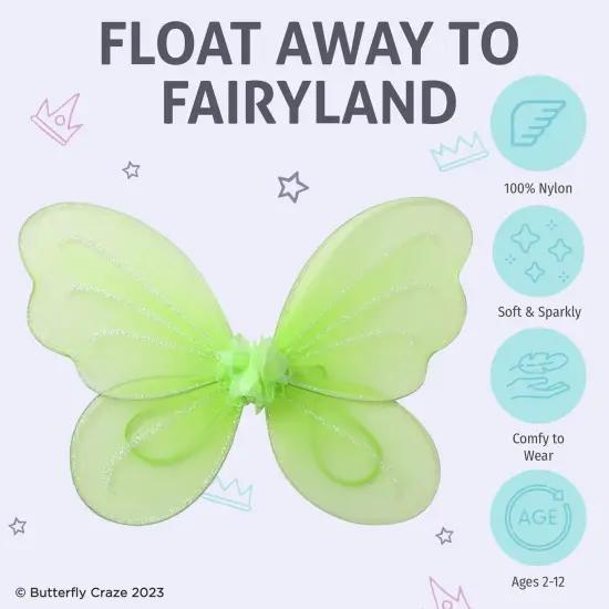 Butterfly Craze Girls' Fairy, Angel, or Butterfly Wings Costumes & Dress Up Collection: Set of 6, Magical Delights, Favors or Supplies for Kids, Make Your Little One's Birthday Party Special, Green {4}