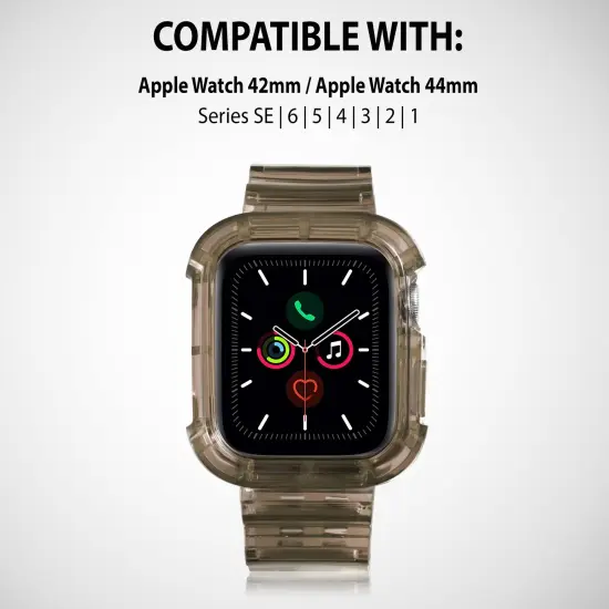 Insten Crystal Clear Watch Band with Rugged Bumper Case For Apple Watch 44mm 42mm Series SE 6 5 4 3 2 1, Replacement Soft TPU Transparent Strap, Clear Black {5}