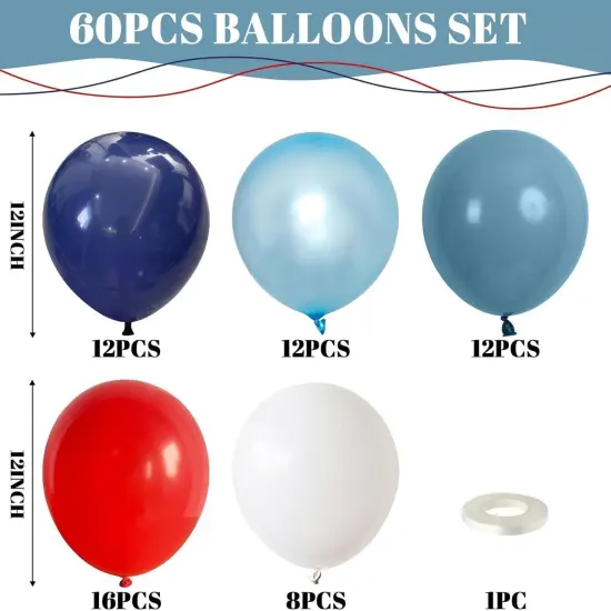 Red Blue White Balloons, 12Inch 60Pcs Navy Blue Pearl Blue Retro Sea Blue Balloons with Red White Balloon, Blue and Red Latex Balloon for Superhero Birthday Baseball Party Labor Independence Day Decor {2}