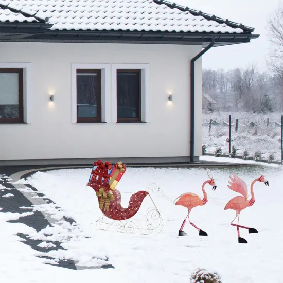 Haute Decor Lighted Christmas Outdoor Flamingo Reindeer with Sleigh Yard Decor - Flamingo Holiday Lawn Display {2}