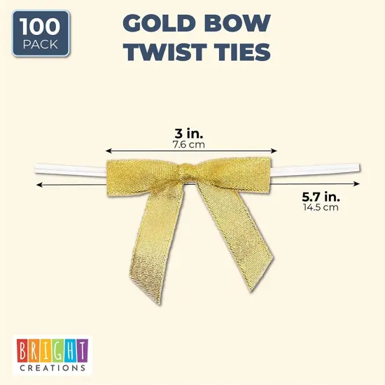 100-Pack Twist Tie Bows, Metallic Gold Pre-Tied Satin Ribbon for Gift Wrap Bags Boxes, Party Favors, Baked Goods, Crafts, Mini Bowties for Hair Decorations (2.5x3 in) {6}