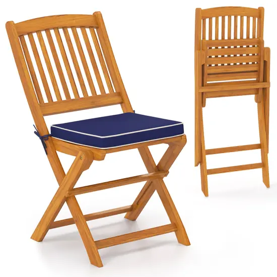 Set of 2 Armless Outdoor Folding Chairs with Seat Cushions and Slatted Backrest Navy {4}
