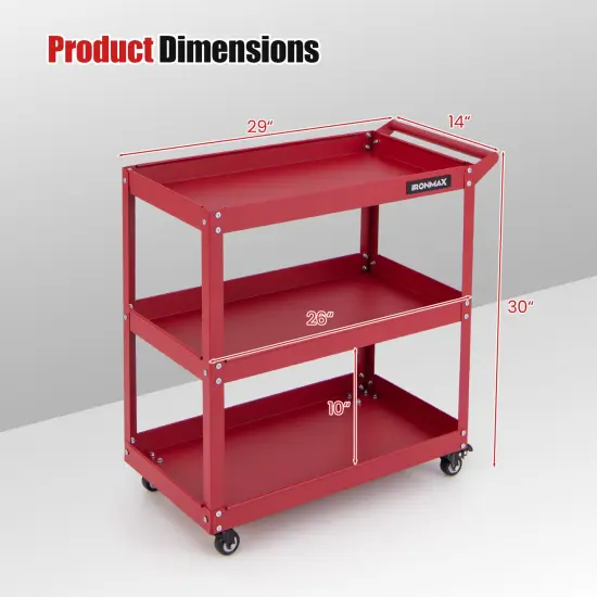 3-Tier Rolling Utility Tool Cart with 3 Large Shelves and 4 Universal Wheels Perfect for Kitchen or Garage Red {5}