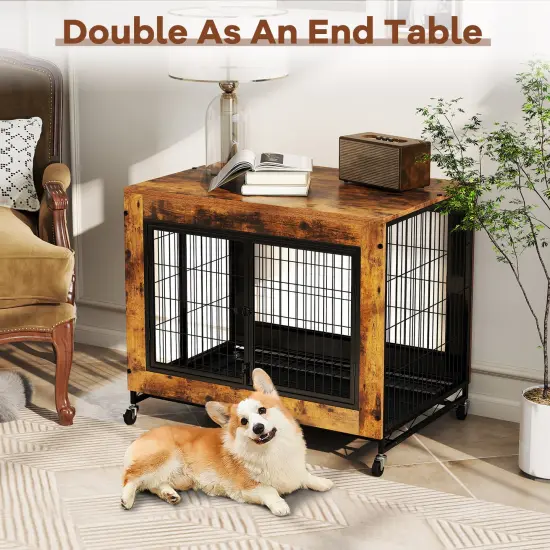 Rustic Brown Flip-up Top Dog Kennel with Removable Tray and 3 Lockable Doors {6}
