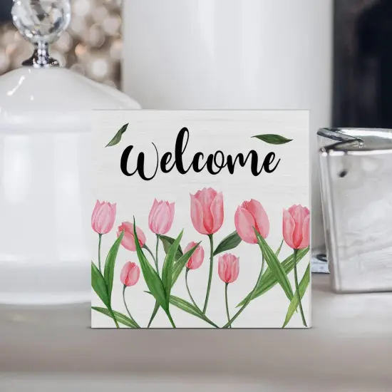 Flower Tulips Summer Tabletop Decor Welcome Wood Box Sign Art Blocks Desk Sign Rustic for Shelf Tabletop Home Decor 5 X 5 Inch {2}