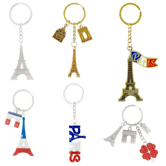 6 Pack Paris Keychain Souvenir Gifts, France Souvenir Gift, Key Rings with Eiffel Tower, French Flag, and Arc de Triomphe Multicolor {1}