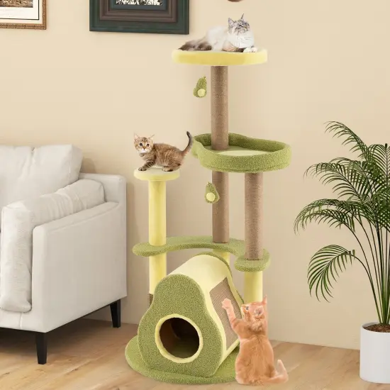 Green Engineered Wood Cat Tree with Avocado Platform, Scratching Posts and Toy {2}