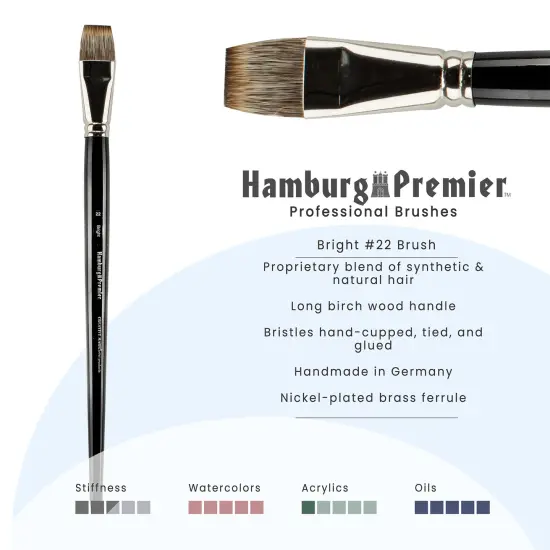 Creative Mark Hamburg Premiere Professional Oil Painting Brushes - Bright #22 Oil Paint Brush - Handmade in Germany, Natural & Synthetic Hair Blend, Long Triple-Lacquered Birch Handle {3}