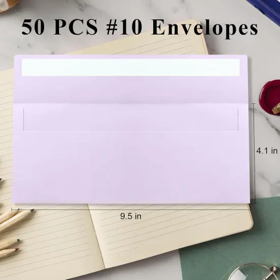 50 Pack Light Purple #10 Business Envelopes, Standard Envelopes Self Seal, 4 1/8 x 9 1/2 Inch Letter Size Business Mailing Envelopes for Checks Invoices Statements Baby Shower Wedding Birthday {2}