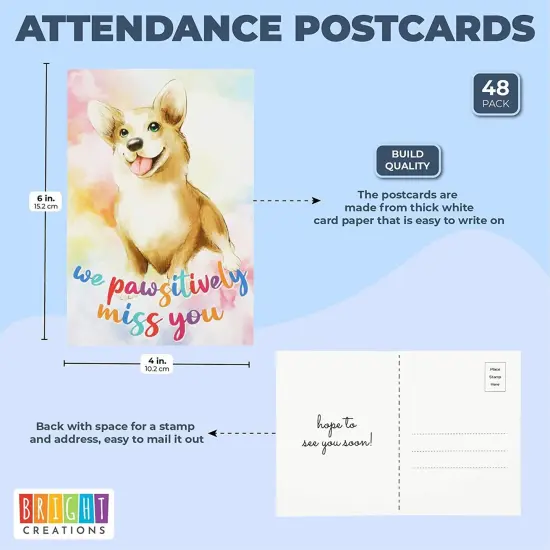 We Pawsitively Miss You Postcards, Attendance Postcard (4 x 6 In, 48 Pack) Multicolor {2}
