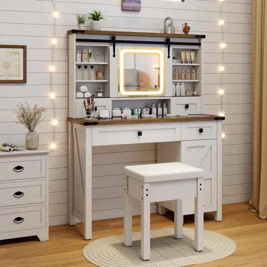 Makeup Vanity Desk with Mirror and 3-Color Dimmable LED Lights-White {2}