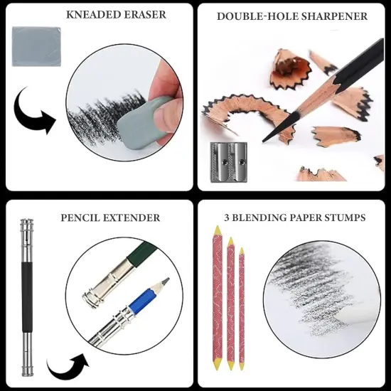 Drawing Sketching Pencil Set, 26 pcs Draw Supplies Kit, 14 Graphite (12B -6H), Charcoal Erasers Sharpener Extender, Ideal for Drawing Art, Sketching, Shading, Artist Pencils for Beginners Pro Artists {5}