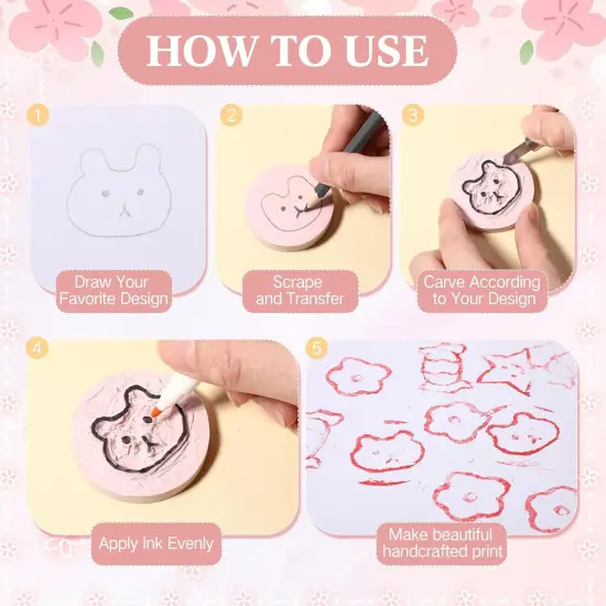 18 Pcs Rubber Stamp Carving Blocks Pink Soft Linoleum Blocks Round Square Rectangle Carving Kit for Stamp Soft Rubber Crafts and DIY Craft Project {4}