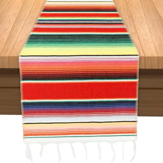 Mexican Table Runner, 14 X 84 Inches Cinco De Mayo Table Runner, Rainbow Boho Mexican Serape Table Runners, Fringe Cotton Table Runners for Mexican Fiesta Cinco De Mayo Birthday Party Decorations Red {2}