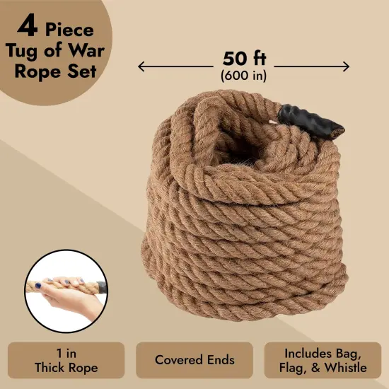 50 Foot Tug of War Rope with Flag for Outdoor Games, Field Day, Summer Camp, Family Reunion, Team Building Activities (Brown) {4}
