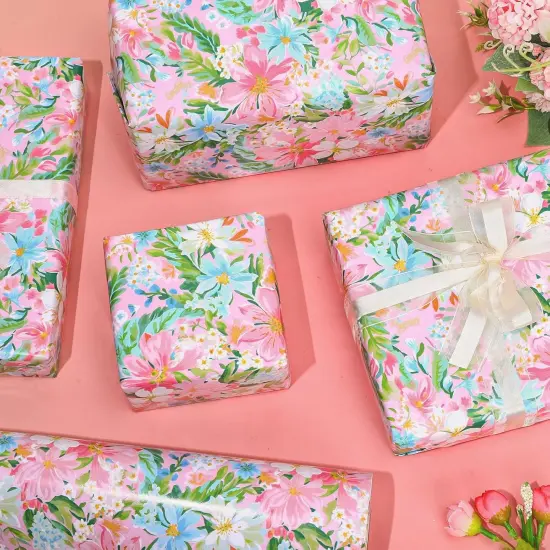 Spring Floral Wrapping Paper - Mini Roll - 17 In x 32.8 Ft Watercolor Pink Flower Gift Wrap Paper for Wedding Birthday {4}