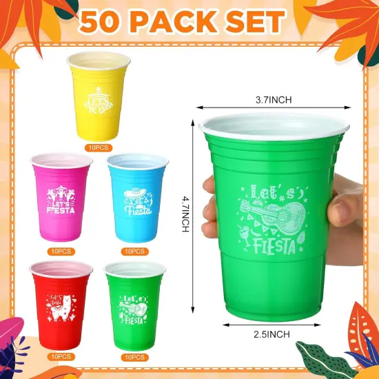 50 Pack Let's Fiesta Cups, Cinco De Mayo 16 oz Plastic Disposable Cups for Mexican Party Hot Cold Drinks Fiesta Taco Birthday Party Supplies Decorations {3}