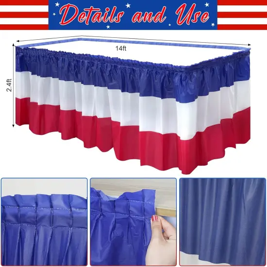 3 Pack 4th of July Plastic Table Skirts Decorations, Red White and Blue Patriotic Disposable Table Skirts, Fourth of July Table Party Decorations for Independence Memorial Veterans Day, 2.4 x 14 Ft {2}