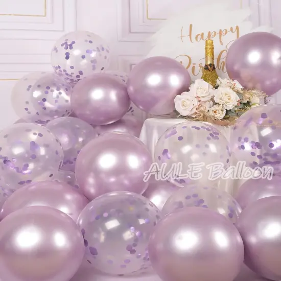 Party Balloons Pack of 42 - Metallic Lavender Balloons and Confetti Latex Helium Balloons With 64ft Ribbons - 12 Inch Lilac Chrome Balloon Decoration Set {2}