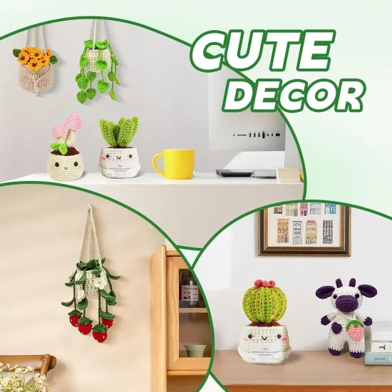 Crochet Kit for Beginners - Complete Amigurumi Craft Set with 8 Hanging Potted Plants & Strawberry Cow Family - Step-by-Step Video Tutorials Included(40%+ Yarn) {4}
