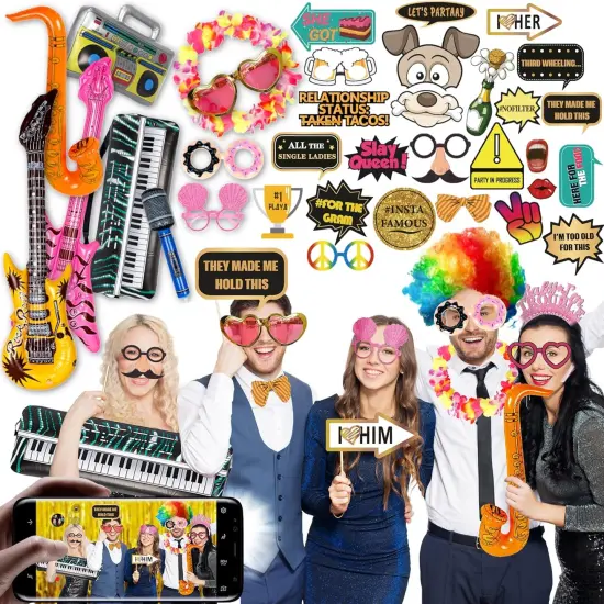 70 Pc Large Premium Photo Booth Props Set for All Occasions - Wedding Props, Birthday Props, Graduation Props, Inflatables, Large Glasses, Multi-Colored Wig, Hawaiian Lei, Hand Pump {1}