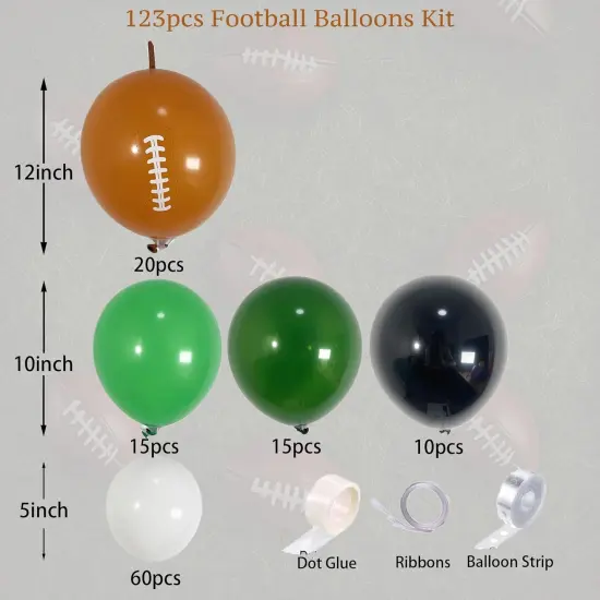 123PCS Football Balloon Arch Garland Kit, Green, Black, White and Brown Balloons with Rugby Print for Superbowl Balloon Arch, 1st Down Football Birthday, Sports Theme Party Decorations {2}