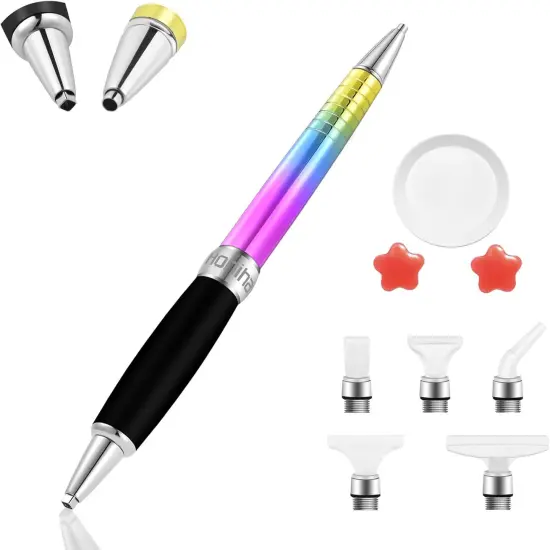 Square Diamond Art Pen - Metal Drill Pens with Square & Round Drill Heads Plus Multiplacer Tips, Comfort Grip 5D Rainbow Tools {1}