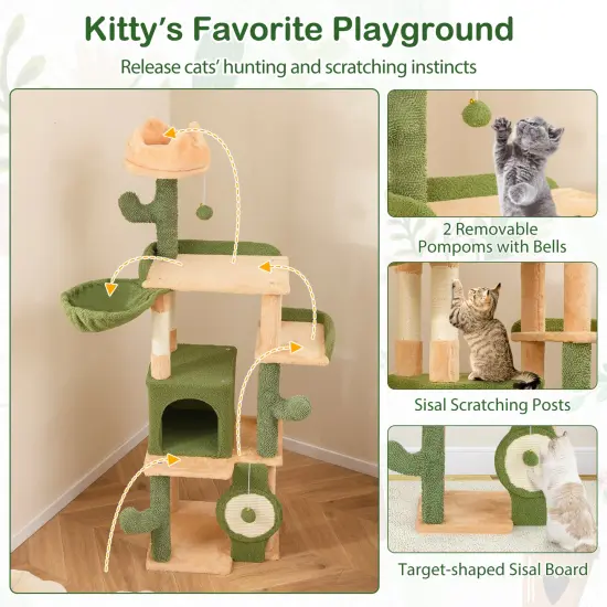 Green and Orange Cactus Cat Tree with Sisal Scratching Posts, Plush Perch and Condo {6}