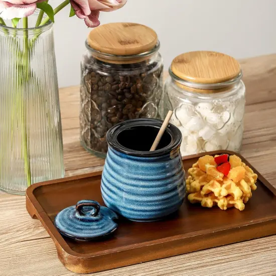 12 Ounce Honey Jar and Dipper Set,Porcelain Honey Pot with Lid and Wooden Dipper,Cute Honey Containers for Party,Holiday,Halloween Favors,Farmhouse Kitchen Decor,Dishwasher Safe,Blue {4}