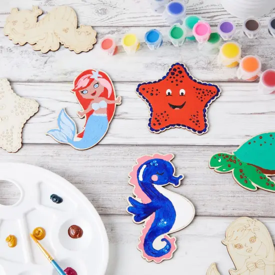 24 Pieces Unfinished Sea Creatures Wood Cutouts for Crafts, Wooden Ocean Animals (Turtle, Seahorse, Starfish, Mermaid) Brown {2}