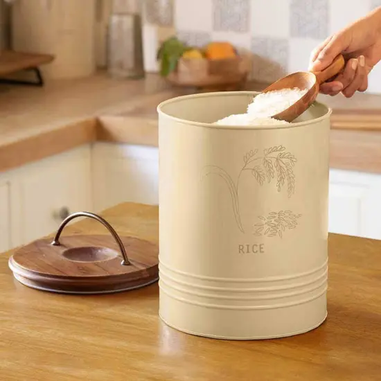 Metal Rice Storage Barrel with Wooden Lid - Sleek & Durable Kitchen Canister-8.6X8.6X11" {2}