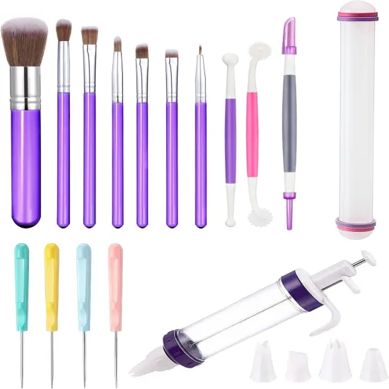 16 Pcs Cake Decorating Tool Set Include Dessert Decorating Syringe Cookie Decoration Brushes Sugar Stir Needle Scriber Fondant Paste Tool Rolling Pin for Cookie Cake Supplies {1}