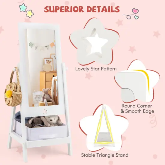 MDF Kids Full-Length Mirror with Storage Shelf, Rotating Acrylic Glass and Star Design {6}