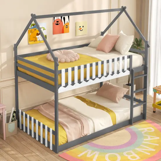 Pine Wood House Bunk Bed, Twin Over Twin, Sturdy Frame and Safe Ladder Gray {3}